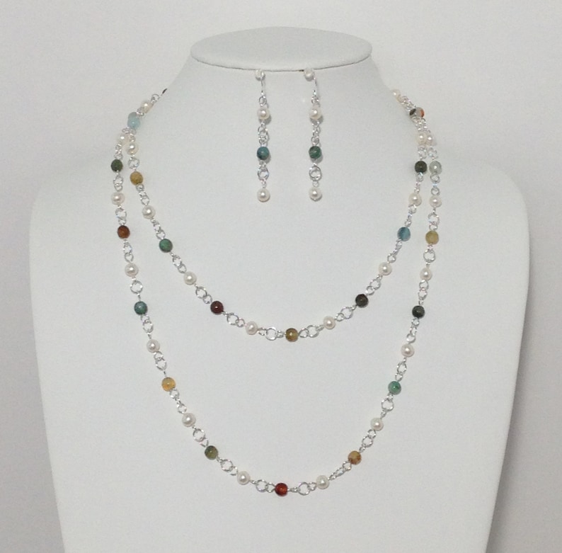 Multi Color Faceted Agate Stone Extra Long Necklace Sterling Silver Wire White Cultured Freshwater Pearl Sterling Silver Earrings