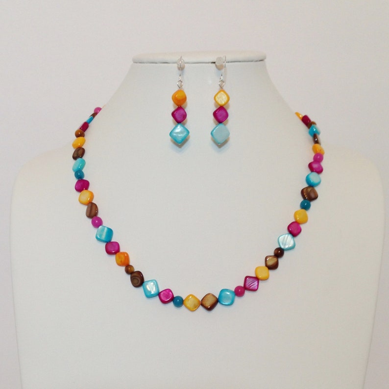 Festive Colors Sterling Silver Necklace Summer Fun Multi Color Mother of Pearl Shell Colorful Shell Earrings