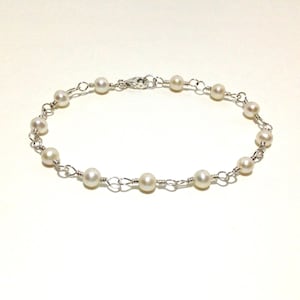 Sterling Silver, White Cultured Freshwater Pearl, Semi Round, Sterling Silver Wire, Dainty Pearl Bracelet, Adjustable Bracelet
