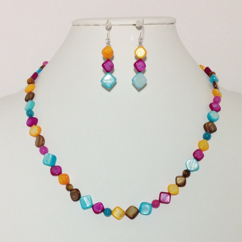 Festive Colors Sterling Silver Necklace Summer Fun Multi Color Mother of Pearl Shell Colorful Shell Earrings