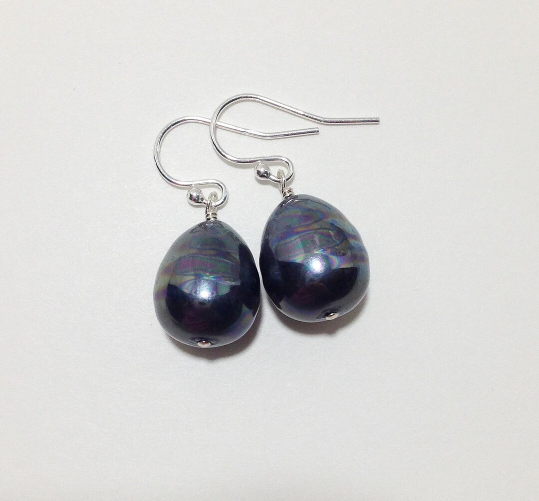 Black Large Dark Peacock, Mother of Pearl Shell, Teardrop, Sterling