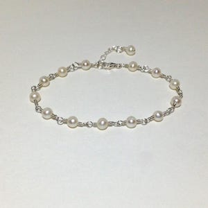 Sterling Silver, White Cultured Freshwater Pearl, Semi Round, Sterling Silver Wire, Dainty Pearl Bracelet, Adjustable Bracelet