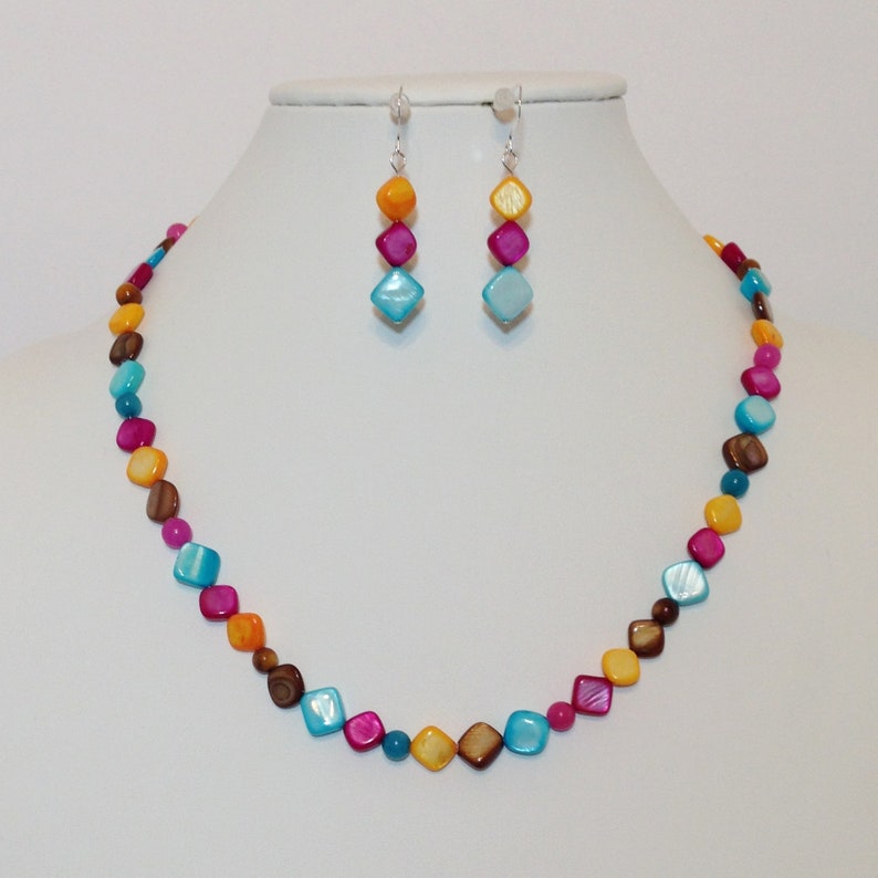 Festive Colors Sterling Silver Necklace Summer Fun Multi Color Mother of Pearl Shell Colorful Shell Earrings