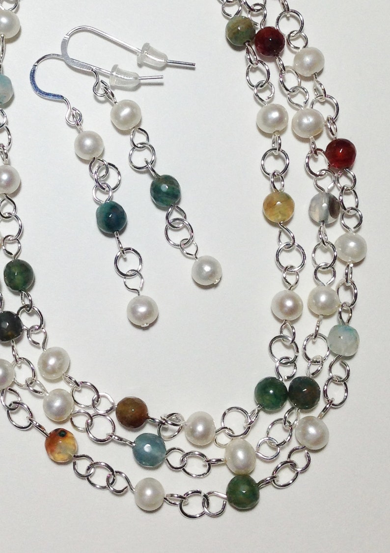 Multi Color Faceted Agate Stone Extra Long Necklace Sterling Silver Wire White Cultured Freshwater Pearl Sterling Silver Earrings