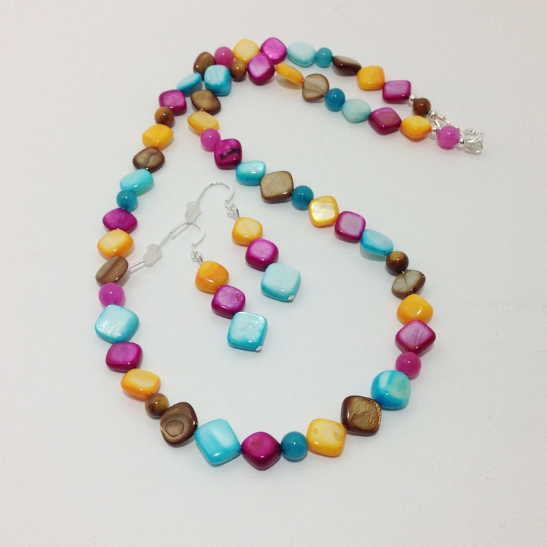 Festive Colors Sterling Silver Necklace Summer Fun Multi Color Mother of Pearl Shell Colorful Shell Earrings