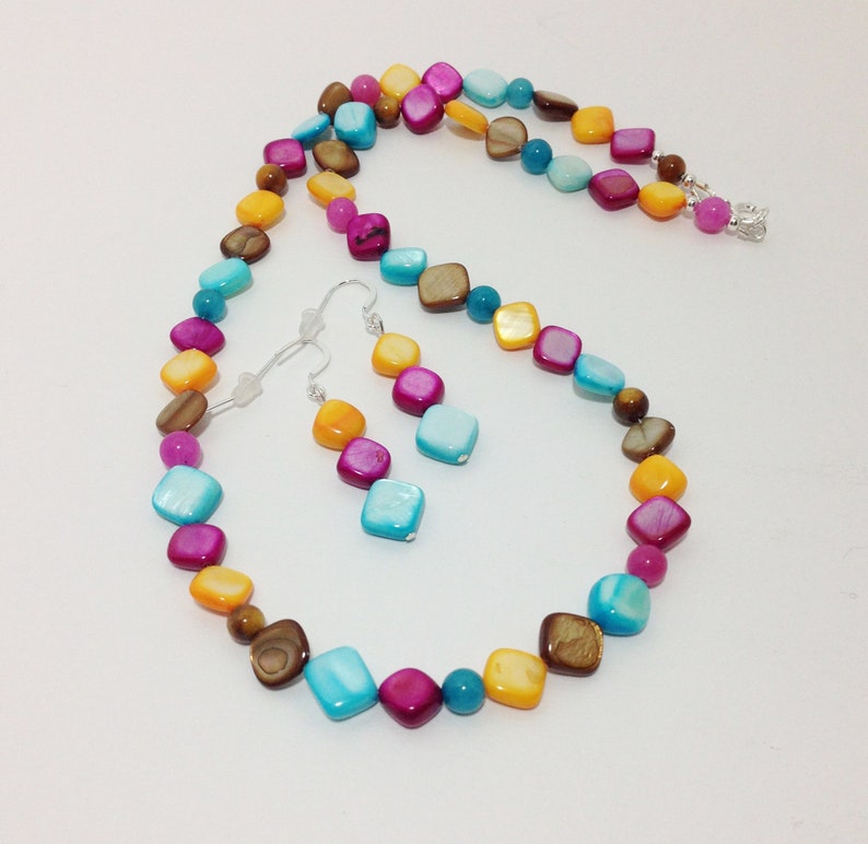 Festive Colors Sterling Silver Necklace Summer Fun Multi Color Mother of Pearl Shell Colorful Shell Earrings