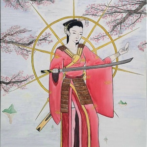Amaterasu O mi kami : XL large painting, ink on canvas, 35.03&quot; x 45.67&quot;, modern art, Japan inspiration