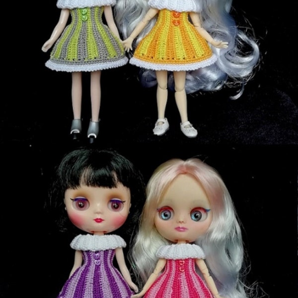 Handmade Crochet Middle Blythe - Stripe Retro Collar Puffed Retro Dress