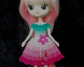 Handmade Crochet Pullip Dal  Ombre Pink/Minty Green DRESS