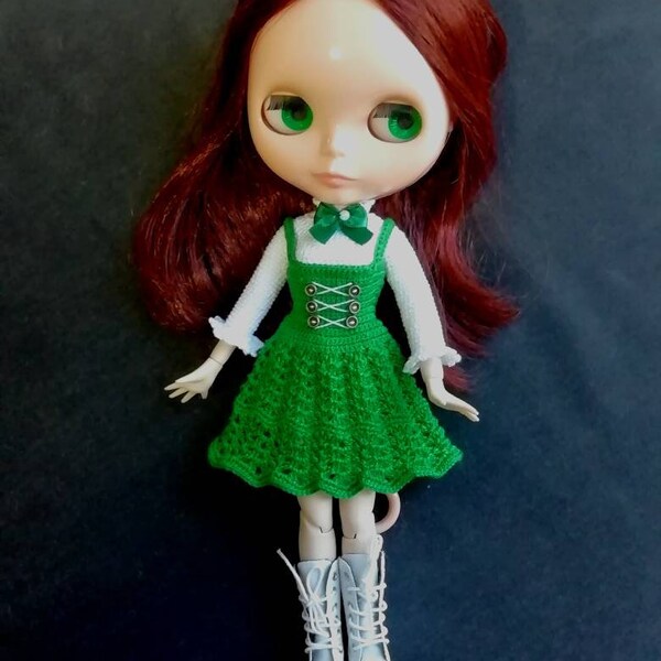 Handmade Royal Green Gothic Style Dress and Beige Blouse for BLYTHE dolls