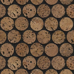 May include: A close-up of a cork board with a pattern of round cork tiles. The tiles are arranged in a grid pattern and are all the same size. The cork is a natural brown color with a slightly rough texture.
