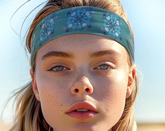 Blue mandala hairband. Stretchy head band. Hippie headwear. Bohemian headband. Boho headwrap. Beach headband. 1960s Hair Accessory.