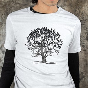Flock of ravens t-shirt. Tree and crows shirt pastel goth. Dark academia fashion. Black bird shirt crow lover gift Dark cottagecore fashion.
