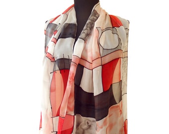 Hand painted silk chiffon scarf  in red, black, white. Modern abstract scarf. Geometric long shawl wrap. Artistic scarf women Christmas gift