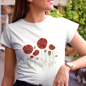 Camiseta de amapola roja. Camiseta art déco con flores silvestres. Blusa con estampado de flores rojas. Camiseta floral para mujer. Camiseta de amapola de California. Regalo de cumpleaños de agosto.