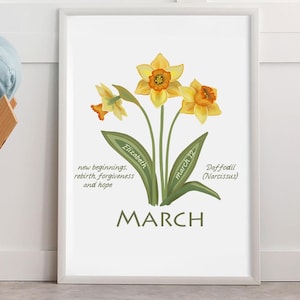 Custom March Birth Flower Digital Print. Personalize Name, Date Printable Wall Art Last Minute March Birthday Gift. Daffodil Illustration.