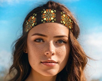 Mandala headband. Stretchy head band. Boho headwrap. Bohemian hairband. Colorful head wrap. Beach headband 60s style. Mandala Hair Accessory