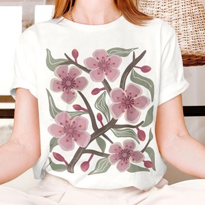 Cherry blossom t shirt. Green, pink flowers blouse. Sakura blossom shirt. Flower print top. Art deco shirt. Japanese Cherry blossom tree tee