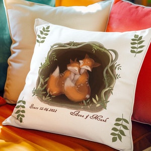 Custom Couple Names and Date Pillow. Cute fox Throw Pillow Cover. Valentines Day Gift Idea for Wife. Pillow Case Valentine Present for Her.