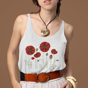 Red poppy tank top. Wild flowers top. Art deco floral tank top. California Poppy flower vest top. Bohemian tank top. August birthday gift.