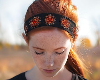 Red mandala headband. Boho hair band. Hippie stretchy head band. Mandala hair accessory vintage style. Psy goa trance hairwrap.