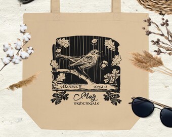 Eco tote bag birth month. Nightingale bird bag personalized. Custom name and date bag. May birthday gift bag. Organic cotton bag lino style.