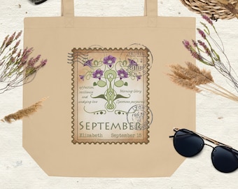 Birth flower tote bag. Custom name and date organic cotton bag. September birth month tote bag. Morning Glory bag personalized Birthday gift