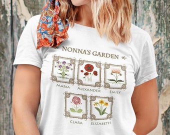 Custom Nonna t shirt with birth month flower. Nonna, Grandma, Nana, Great-Grandma, Mom Garden shirt with grandkids names. Personalized shirt