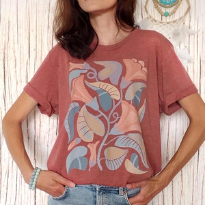 Orange and blue flower t-shirt in Art deco style. Boho flower print blouse. Art nouveau ladies floral top. Botanical shirt retro style.