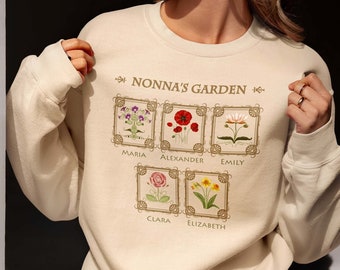 Custom Nonna sweatshirt with birth month flowers. Nonna, Grandma, Nana, Great-Grandma, Mom Garden sweatshirt with grandchildren names.