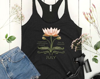 Birth flower tank top Water Lily. Custom name and date tank. July birth month top. Mothers day gift. Personalized top birthday gift for her.