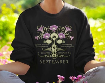 September Geburtsblumen Sweatshirt. Morning Glory personalisierter Name, Datum Sweatshirt. September Geburtstagsshirt. Personalisierte Pullover im Art-Deco-Stil