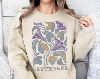 September Geburtsblumen Sweatshirt. Personalisiertes Namensshirt. Winde Geburtsblume Bluse. Personalisieren Sie September Geburtstagshemd im Art-Deco-Stil