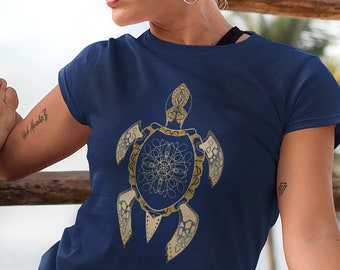 Sea turtle tee shirt. Tribal t-shirt Maori, Polynesian style. Beige and sand turtle top. Beach shirt sea animal. Sea turtle day t-shirt.