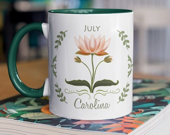 Custom birth month flower mug. Personalized name mug. Art deco floral mug with color inside. Birthday flower coffee cup. Mothers day mug.