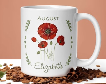 Personalized mug birth month flower. Red Poppy mug. Custom name tea cup. Floral coffee mug. Mothers day cup red flower. August birthday gift