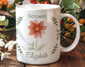 Custom mug birth month flower. Personalized name tea cup. Cosmos mug. Floral Art deco mug. Mothers day cup. October birthday gift for her.