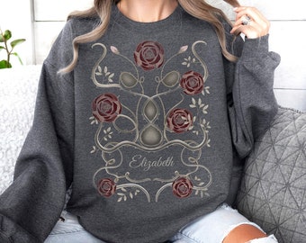 Custom name sweatshirt with roses. Gray, purple rose flower shirt. Floral soft goth sweatshirt. Art deco sweater. Dark cottage core blouse.