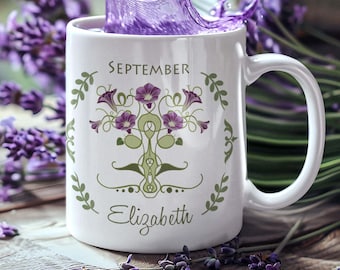 Personalized mug birth month flower. Morning Glory mug. Custom name tea cup. Floral Art deco mug. Mothers day cup. September birthday gift.