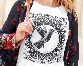 Floral Hummingbird t shirt linocut style. Floral mandala t shirt. Black and white floral bird shirt. tropical bird shirt. Bird lover t-shirt
