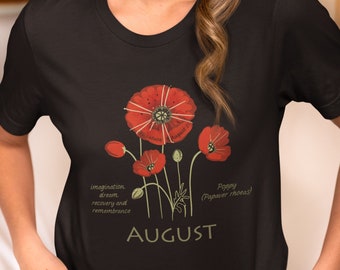 August birth flower t shirt. Custom name, date t-shirt. Red poppy birth month flower shirt Art deco style. Personalized August birthday gift
