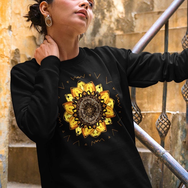Sonnenblumen-Sweatshirt. Braunes, gelbes Blumenhemd im Boho-Stil. Vintage-Top mit Sonnenblumen-Print. Sweatshirt mit Blumenmuster. Cottage-Core-Top.