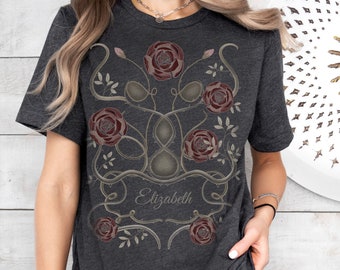 Custom name t shirt with roses. Soft goth rose flower t shirt. Gray, purple flowers bohemian shirt. Art deco t shirt. Dark cottagecore shirt