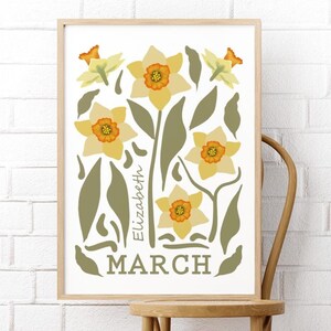 Custom March Birth Flower Digital Print. Personalize Name Printable Wall Art March Birthday Gift. Daffodil Flower Illustration Mom Gift.
