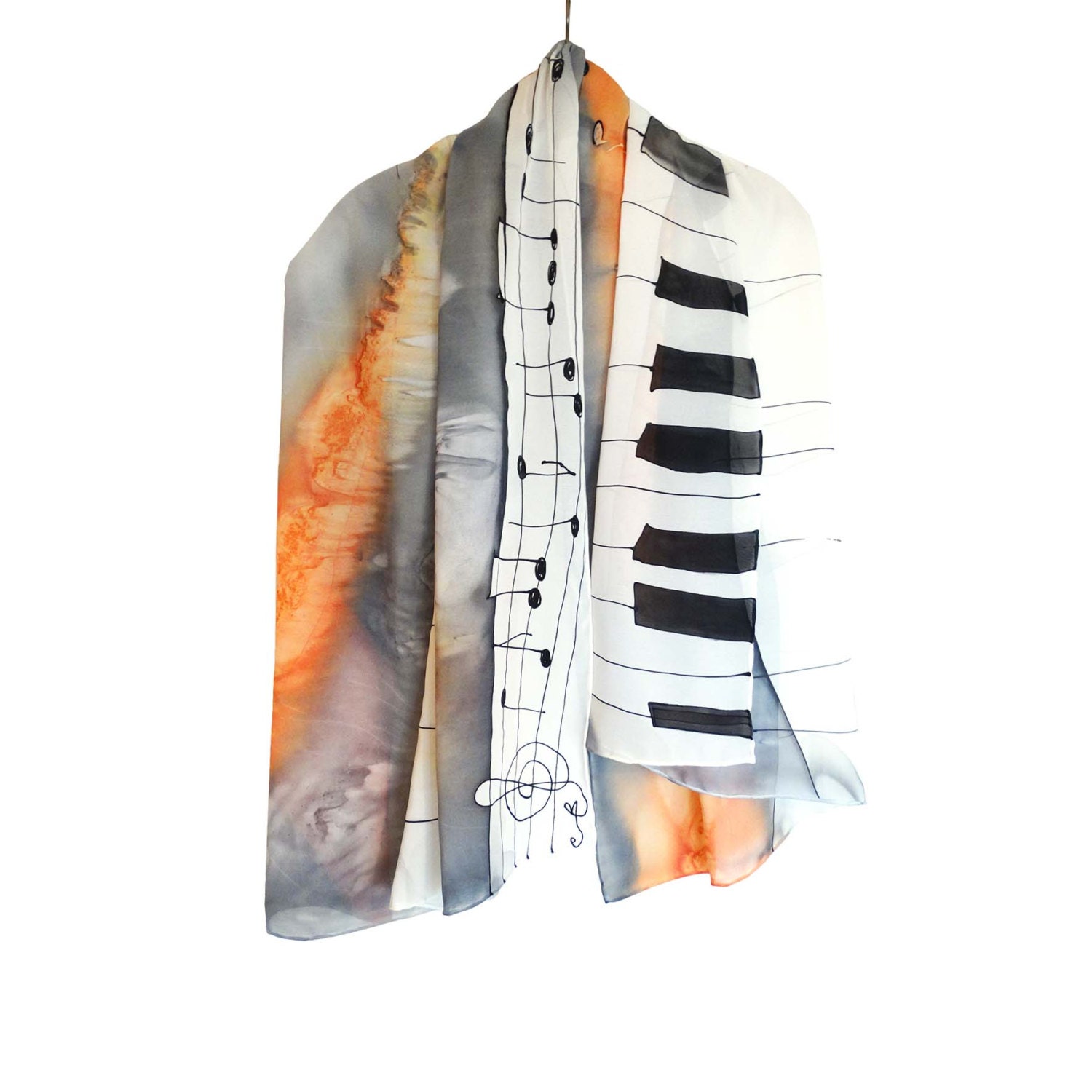 Music scarf. Hand painted silk scarf with notes. Musical keyboard piano scarf. Orange, black, white scarf hand panted. Musical shawl wrap.