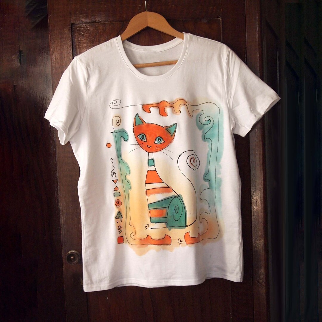 Hand Painted T-shirt With Cat. Painted by Hand T Shirt in Orange, Blue ...