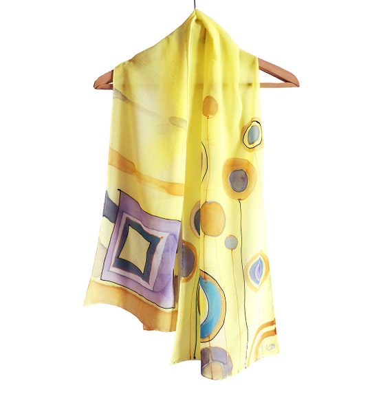Hand painted lemon yellow scarf with geometric design. Long | Etsy