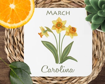 Personalized birth flower coaster. Custom birth month coaster. Daffodil flower coaster. March birthday gift Mothers day gift floral coaster.