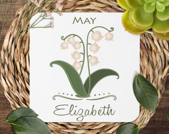 Personalized coaster with birth flower. Custom birth month coaster. Lily of the Valley coaster. May birth gift. Mothers day floral coaster.