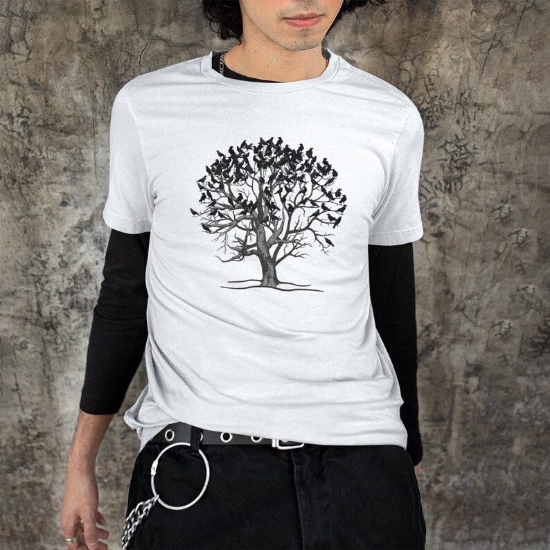 Flock of ravens t-shirt. Tree and crows shirt pastel goth. Dark academia fashion. Black bird shirt crow lover gift Dark cottagecore fashion.